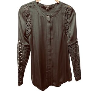 J Crew Long Sleeve Black Silk Lace/Crochet Button Up Georgette Blouse Top Sz 00